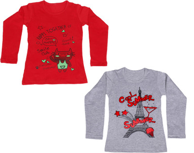 

IndiWeaves Girls Printed Cotton T Shirt(Multicolor, Pack of 2, Grey;red