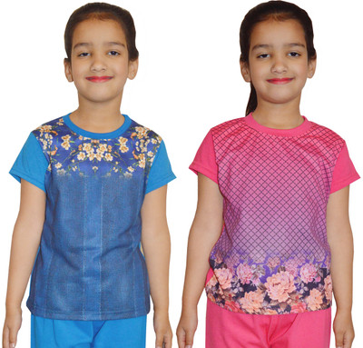 

Shaun Girls Printed Cotton T Shirt(Pink, Pack of 2, Light blue;pink