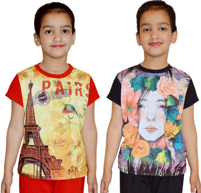 

Shaun Girls Printed Cotton T Shirt(Red, Pack of 2, Red;black