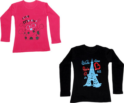 

IndiWeaves Girls Printed Cotton T Shirt(Multicolor, Pack of 2, Black;pink