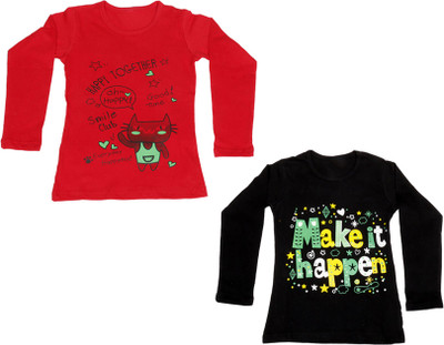 

IndiWeaves Girls Printed Cotton T Shirt(Multicolor, Pack of 2, Black;red