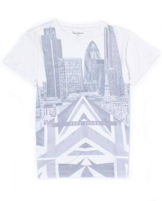 

Pepe Jeans Boys Graphic Print Cotton Polyester Blend T Shirt(White, Pack of 1, Off white