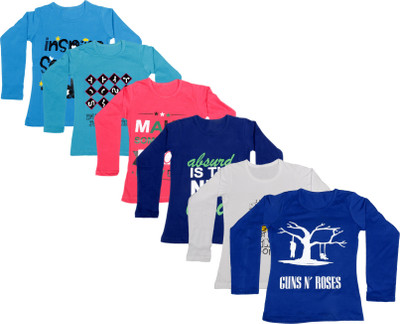 

IndiWeaves Girls Printed Cotton T Shirt(Multicolor, Pack of 6, Blue;dark blue;pink;white