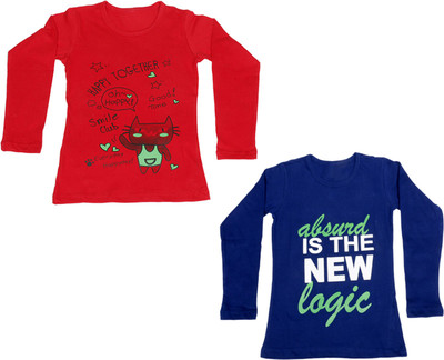 

IndiWeaves Girls Printed Cotton T Shirt(Multicolor, Pack of 2, Blue;red