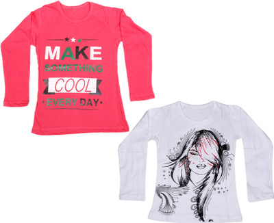 

IndiWeaves Girls Printed Cotton T Shirt(Multicolor, Pack of 2, Pink;white