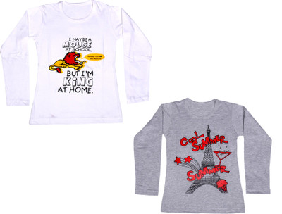 

IndiWeaves Girls Printed Cotton T Shirt(Multicolor, Pack of 2, Grey;white