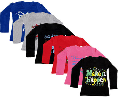

IndiWeaves Girls Printed Cotton T Shirt(Multicolor, Pack of 6, Black;blue;grey;pink;red