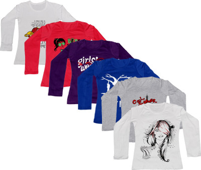 

IndiWeaves Girls Printed Cotton T Shirt(Multicolor, Pack of 6, Blue;grey;purple;red;white