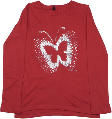 

United Colors of Benetton Girls Self Design Cotton T Shirt(Red, Pack of 1, K46