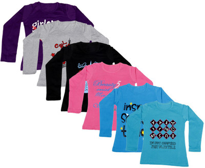 

IndiWeaves Girls Printed Cotton T Shirt(Multicolor, Pack of 6, Black;blue;grey;pink;purple