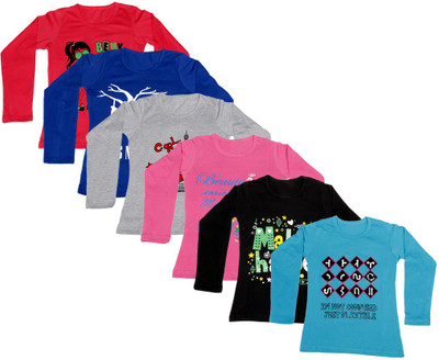 

IndiWeaves Girls Printed Cotton T Shirt(Multicolor, Pack of 6, Black;blue;grey;pink;red
