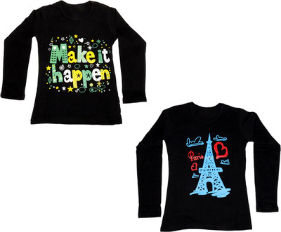 

IndiWeaves Girls Printed Cotton T Shirt(Multicolor, Pack of 2, Black