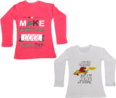 

IndiWeaves Girls Printed Cotton T Shirt(Multicolor, Pack of 2, Pink;white