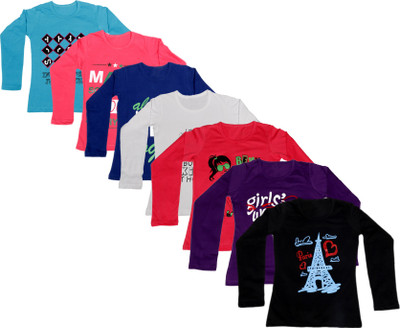 

IndiWeaves Girls Printed Cotton T Shirt(Dark Blue, Pack of 7, Black;blue;dark blue;pink;purple;red;white