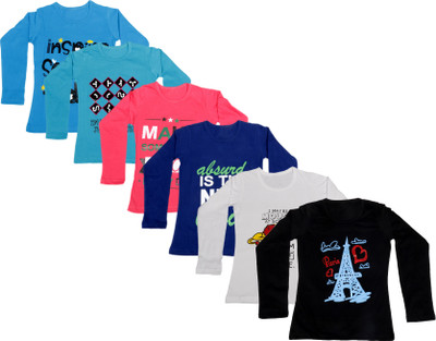 

IndiWeaves Girls Printed Cotton T Shirt(Multicolor, Pack of 6, Black;blue;dark blue;pink;white