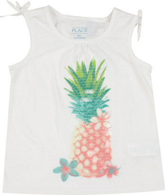 

The Children's Place Girls Embellished, Printed Cotton Polyester Blend T Shirt(White, Pack of 1, Bq