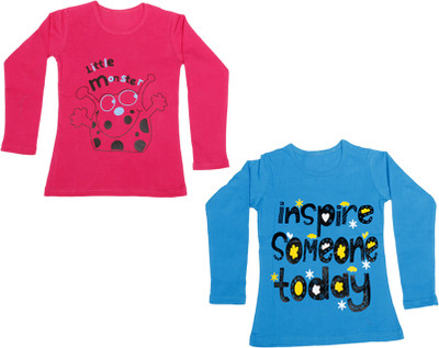 

IndiWeaves Girls Printed Cotton T Shirt(Multicolor, Pack of 2, Blue;pink