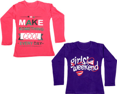 

IndiWeaves Girls Printed Cotton T Shirt(Multicolor, Pack of 2, Pink;purple
