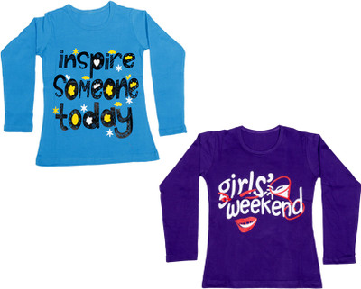 

IndiWeaves Girls Printed Cotton T Shirt(Multicolor, Pack of 2, Blue;purple