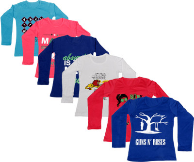 

IndiWeaves Girls Printed Cotton T Shirt(Multicolor, Pack of 6, Blue;dark blue;pink;red;white
