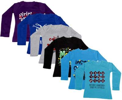 

IndiWeaves Girls Printed Cotton T Shirt(Multicolor, Pack of 6, Black;blue;grey;purple