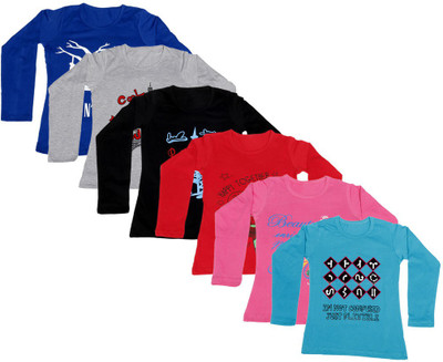 

IndiWeaves Girls Printed Cotton T Shirt(Multicolor, Pack of 6, Black;blue;grey;pink;red