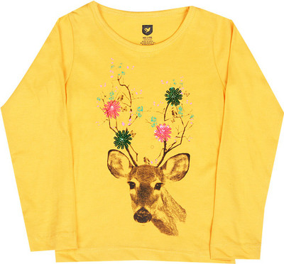

612 League Girls Printed Cotton T Shirt(Yellow, Pack of 1, Mango yellow