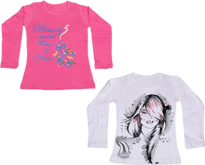 

IndiWeaves Girls Printed Cotton T Shirt(Multicolor, Pack of 2, Pink;white