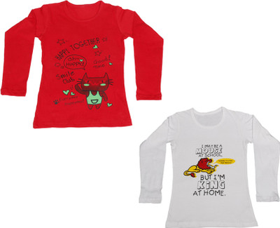 

IndiWeaves Girls Printed Cotton T Shirt(Multicolor, Pack of 2, Red;white