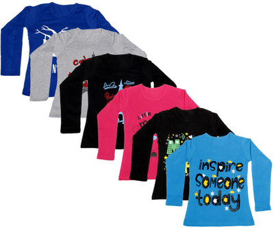 

IndiWeaves Girls Printed Cotton T Shirt(Multicolor, Pack of 6, Black;blue;grey;red