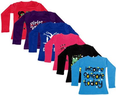

IndiWeaves Girls Printed Cotton T Shirt(Multicolor, Pack of 6, Black;blue;purple;red