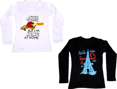 

IndiWeaves Girls Printed Cotton T Shirt(Multicolor, Pack of 2, Black;white