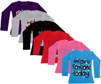 

IndiWeaves Girls Printed Cotton T Shirt(Multicolor, Pack of 6, Black;blue;grey;pink;purple;red