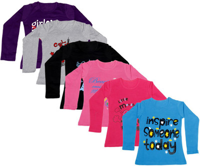

IndiWeaves Girls Printed Cotton T Shirt(Multicolor, Pack of 6, Black;blue;grey;pink;purple;red