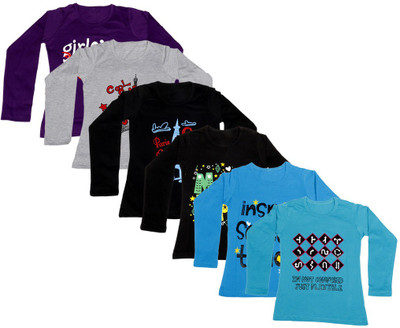 

IndiWeaves Girls Printed Cotton T Shirt(Multicolor, Pack of 6, Black;blue;grey;purple