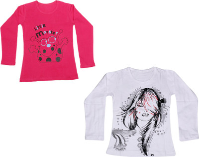 

IndiWeaves Girls Printed Cotton T Shirt(Multicolor, Pack of 2, Pink;white