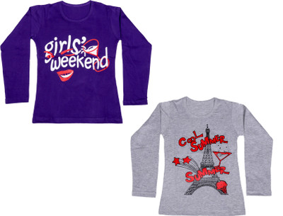 

IndiWeaves Girls Printed Cotton T Shirt(Multicolor, Pack of 2, Grey;purple