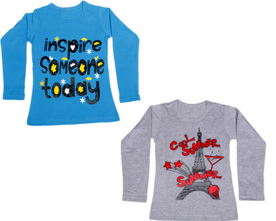 

IndiWeaves Girls Printed Cotton T Shirt(Multicolor, Pack of 2, Blue;grey