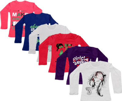 

IndiWeaves Girls Printed Cotton T Shirt(Multicolor, Pack of 6, Dark blue;pink;purple;red;white