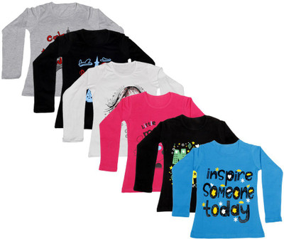 

IndiWeaves Girls Printed Cotton T Shirt(Multicolor, Pack of 6, Black;blue;grey;red;white