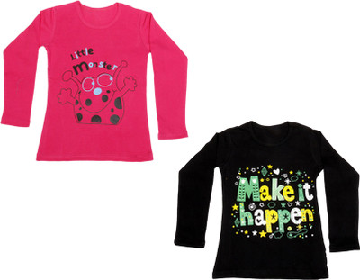 

IndiWeaves Girls Printed Cotton T Shirt(Multicolor, Pack of 2, Black;pink