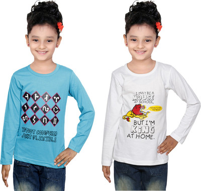 Indistar Girls Printed Cotton Blend Regular T Shirt(Blue, Pack of 2)