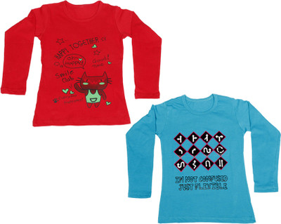 

IndiWeaves Girls Printed Cotton T Shirt(Multicolor, Pack of 2, Blue;red