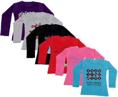 

IndiWeaves Girls Printed Cotton T Shirt(Multicolor, Pack of 6, Black;blue;grey;pink;purple;red