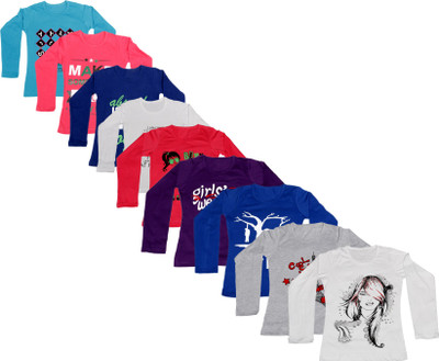 

IndiWeaves Girls Printed Cotton T Shirt(Dark Blue, Pack of 9, Blue;dark blue;grey;pink;purple;red;white