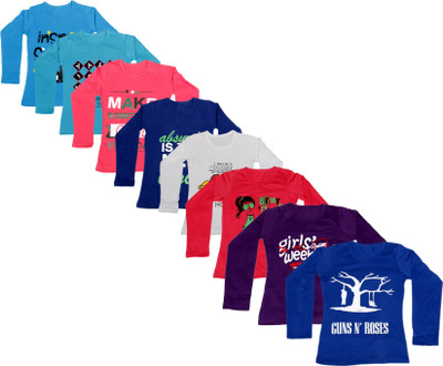 

IndiWeaves Girls Printed Cotton T Shirt(Dark Blue, Pack of 8, Black;blue;dark blue;pink;purple;red;white