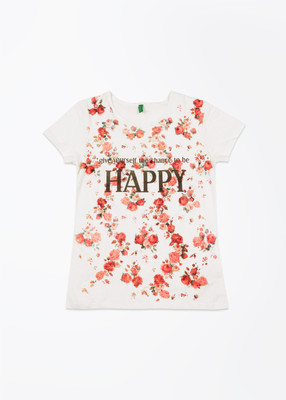 

United Colors of Benetton Girls Printed T Shirt(White, 74