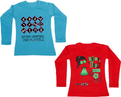 

IndiWeaves Girls Printed Cotton T Shirt(Multicolor, Pack of 2, Blue;red