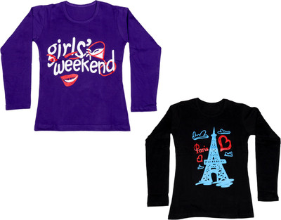 

IndiWeaves Girls Printed Cotton T Shirt(Multicolor, Pack of 2, Black;purple