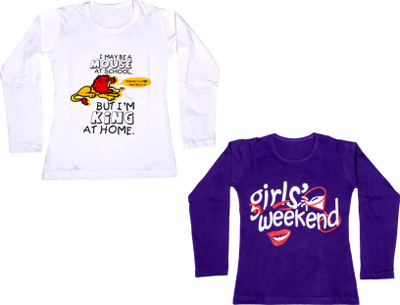 

IndiWeaves Girls Printed Cotton T Shirt(Multicolor, Pack of 2, Purple;white